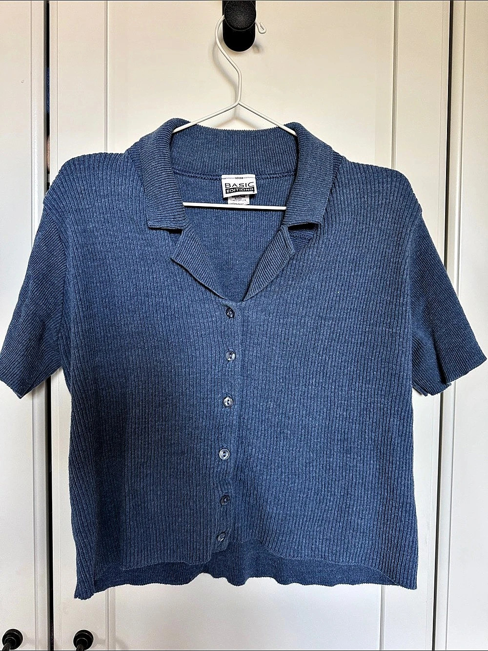 Basic Editions Short Sleeve Cotton Shirt in Blue Size Large